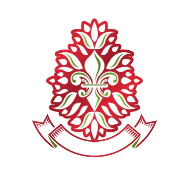 Lily çiçek kraliyet sembolü ile oluşturulan vintage hanedan vektör amblemi. Eko ürün simgesi, organik ve sağlıklı gıda Tema illüstrasyon.