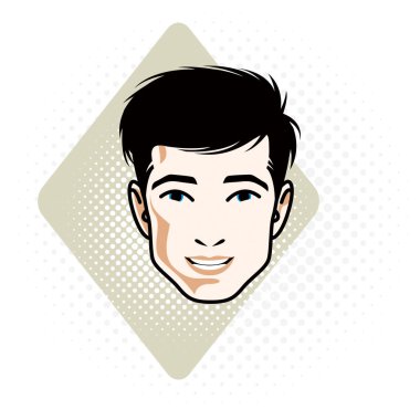 Vektör çizim yakışıklı brunet erkek yüzü, pozitif yüz özellikleri, clipart.