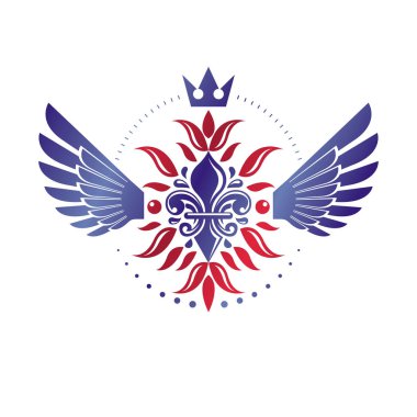 Kraliyet sembolü Lily çiçek grafik amblem taç Kral ile oluşur. Hanedan vektör tasarım öğesi. Retro tarzı etiket, Hanedanlık armaları logosu.