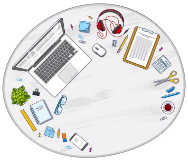 Resepsiyon çalışma alanı üstten görünüm Pc defter ve çok fazla farklı ileti örneği nesne ile tablo kopya alanı metin için çalışıyorum. Tüm öğeleri ayrı ayrı kolay veya resim yeniden oluşması. Vektör.
