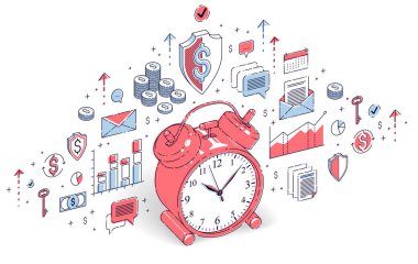 Tablo çalar saat izole beyaz arka plan, zaman çizelgesi, iş son tarih, zaman para kavramdır. Simgeler, istatistik grafikleri ve tasarım öğelerini ile 3D izometrik iş illüstrasyon vektör.