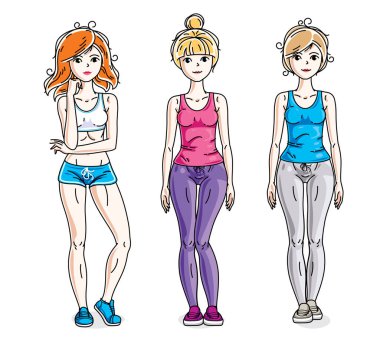 İçinde şık spor giyim mutlu oldukça genç kadının.... Vektör çeşitlilik insanlar çizimler ayarlayın. Yaşam tarzı tema fem karakterler.