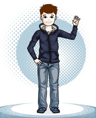 Küçük çocuk ayakta giyen moda rahat giysiler. Güzel illüstrasyon insan vektör. Moda Tema clipart.