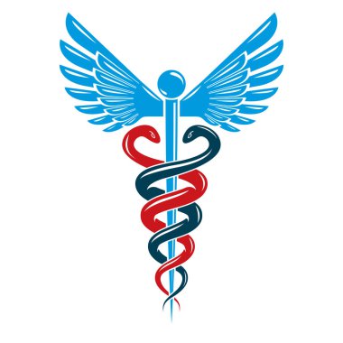 Caduceus tıbbi sembolü, kanatları ve yılan ile oluşturulan grafik vektör amblemi.
