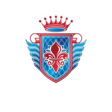 Hanedan arması lily çiçek ve kalıbı, eko ürün kalitesi ile dekoratif amblemi. Kanatlı Koruma Kalkanı Imperial crown, izole vektör çizim ile oluşturulan amblemi.