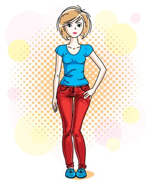 Renkli zemin kabarcıklar ve daireler ile poz ve rahat kıyafetler giymiş çekici sarışın kadın. Vektör güzel hanımefendi illüstrasyon. 