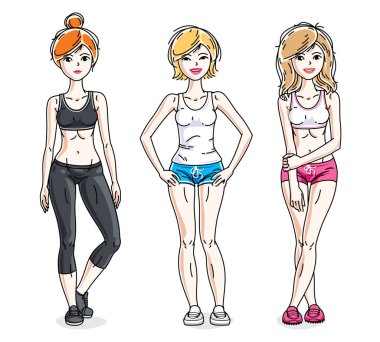 İçinde şık spor giyim çekici genç kadının.... Vektör insanlar çizimler ayarlayın. Yaşam tarzı tema fem karakterler.
