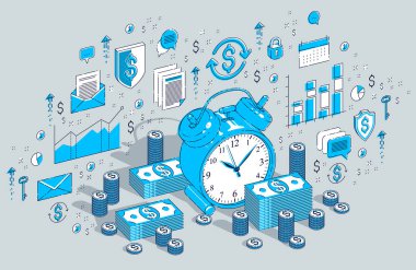 Para kavramı, tablo çalar saat nakit para yığınları ve beyaz arka plan üzerinde izole para yığınları ile zamanı. Simgeler, istatistik grafikleri ve tasarım öğelerini ile 3D izometrik iş illüstrasyon vektör.