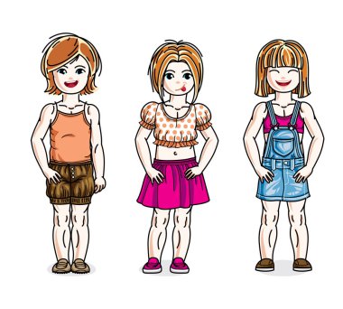 Sevimli küçük kız ayakta moda rahat kıyafetler giyiyor. Vektör çocuklar illüstrasyonlar set. Çocukluğu ve ailesi yaşam tarzı çizgi film.
