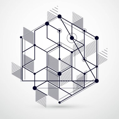 Moda geometrik vektör şablonu, desenli soyut küp örgü siyah ve beyaz zemin. Teknik plan, grafik ve web tasarımı için soyut mühendislik taslağı.