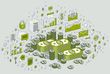 Nakit para doları yığınlar ve para kuruş kazık izole beyaz arka plan üzerinde. İzometrik 3d simgeleri, istatistik grafikleri ve tasarım öğelerini ile finans ve iş illüstrasyon vektör.
