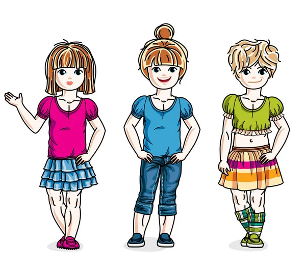 Different Little Girls Cute Children Standing Wearing Fashionable Casual Clothes — Stock Vector