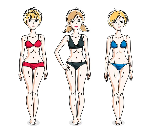 Junge Schöne Frauen Farbenfrohen Bikini Vektorvielfalt Menschen Illustrationen Gesetzt — Stockvektor