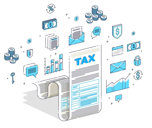 白い背景に隔離された税制上の概念 税務フォームまたは紙の法的文書 アイコン 統計表 デザイン要素と等価3Dベクトルファイナンスイラスト — ストックベクタ