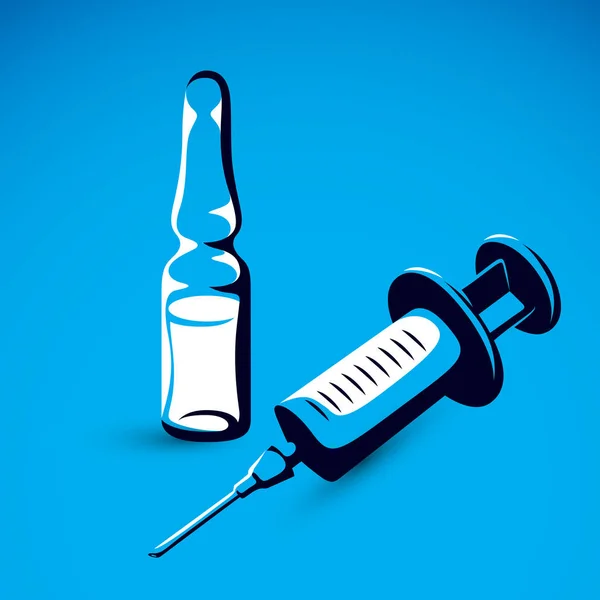 医療注射と薬でアンプルのプラスチック使い捨て注射器のベクトル グラフィック イラスト ウイルス対策予防接種の概念 — ストックベクタ