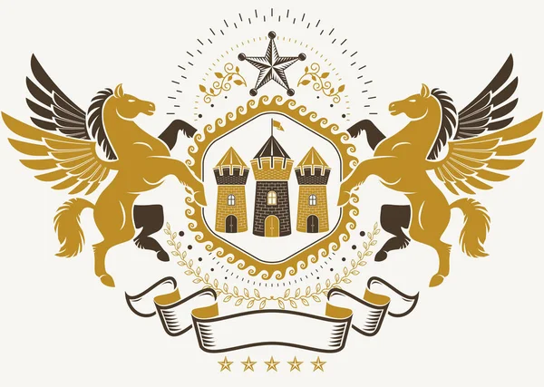 Wappenzeichen Aus Vektorelementen Wappenemblem Aus Mythischen Pegasus Illustrationen Und Antike — Stockvektor