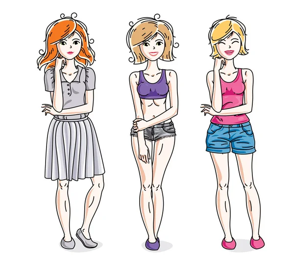 Feliz Lindo Niñas Adultas Jóvenes Pie Usando Ropa Casual Moda — Archivo Imágenes Vectoriales