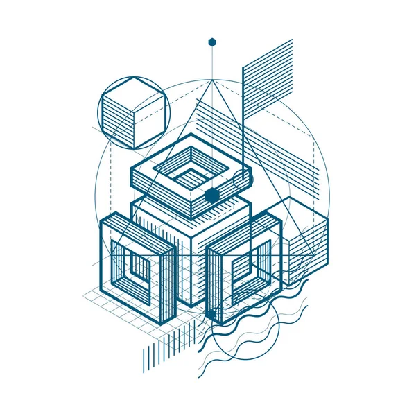 Sfondo Isometrico Lineare Astratto Vettoriale Astrazione Allineata Cubi Esagoni Quadrati — Vettoriale Stock