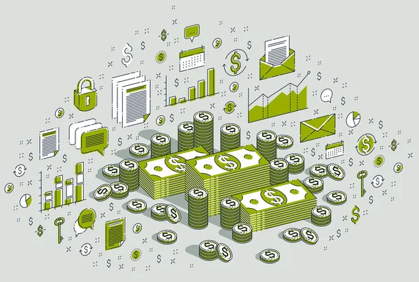 Dinheiro Dinheiro Pilhas Dólar Moedas Centavos Pilhas Isoladas Fundo Branco — Vetor de Stock