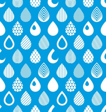 Yağmur damlaları pürüzsüz bir şekilde düşüyor, mavi vektör tekrar ediyor sonsuz arka plan. Damlayan trend illüstrasyonu.