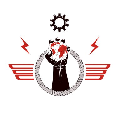 Kanatlı vektör amblemi ile dünya ve gearwheel illüstrasyon oluşan yükseltilmiş yumruk el ile oluşur. Sınırlar ve kısıtlamalar kavramı yok.
