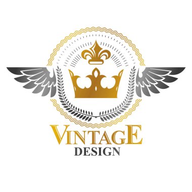 Kraliyet Taç amblemi. Heraldic Coat of Arms dekoratif logosu izole edilmiş vektör çizimi. Beyaz arkaplanda eski tarzda antik logotype.