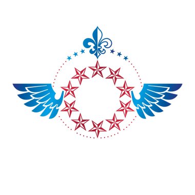 Kanatlı antik pentagonal Star amblemi, en iyi. Hanedan vektör tasarım öğesi Lily çiçek, sigorta primi sembolü ile dekore edilmiştir. Retro tarzı etiket, hanedanlık armaları logosu.