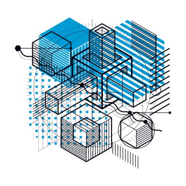 İzometrik doğrusal soyut vektör arka plan, çizgili soyutlama. Küpleri, Altıgenler, kareler, dikdörtgenler ve farklı soyut öğeler.