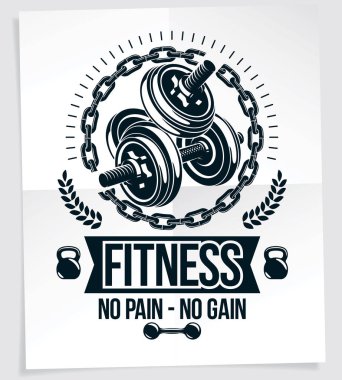 Fitness kulübü vektör reklam afişi disk ağırlık aptal-bell ve su ısıtıcısı çan spor ekipmanı kullanarak oluşur. Hayır hiçbir kazanç yazma ağrı.