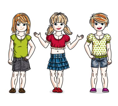 Küçük kızlar sevimli çocuk grubu ayakta şık rahat kıyafetler. Vektör çeşitlilik çocuklar illüstrasyonlar set.
