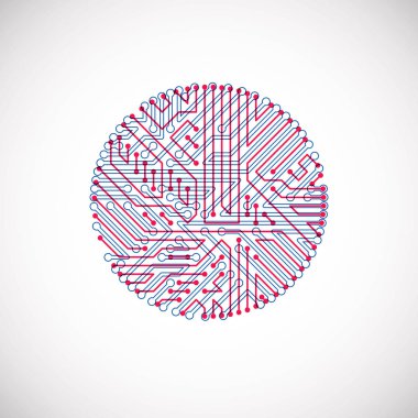 Teknoloji aygıt elektronik bileşenleri ile yuvarlak devre kartı. Bilgisayar anakart sibernetik renkli vektör soyutlama.