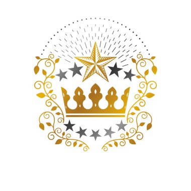 Kraliyet Taç amblemi. Heraldic Coat of Arms dekoratif logosu izole edilmiş vektör çizimi. Beyaz arkaplanda Retro logosu.