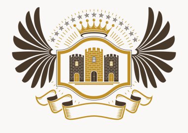 Ortaçağ Kulesi ve Imperial crown ile oluşan vintage dekoratif hanedan vektör amblemi