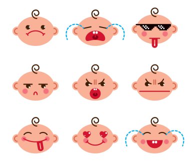 Şirin Bebek çizgi film vektör düz Icons set emoji gülen koleksiyon, çok güzel, mutlu, gülümseyen, gülüyor, dilini gösteren, dil, ağlıyor, üzgün ve kızgın gösterilen piksel gözlük cool.