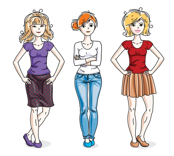 Attraktive Junge Frauen Posieren Stylischer Freizeitkleidung Vektorvielfalt Menschen Illustrationen Gesetzt — Stockvektor