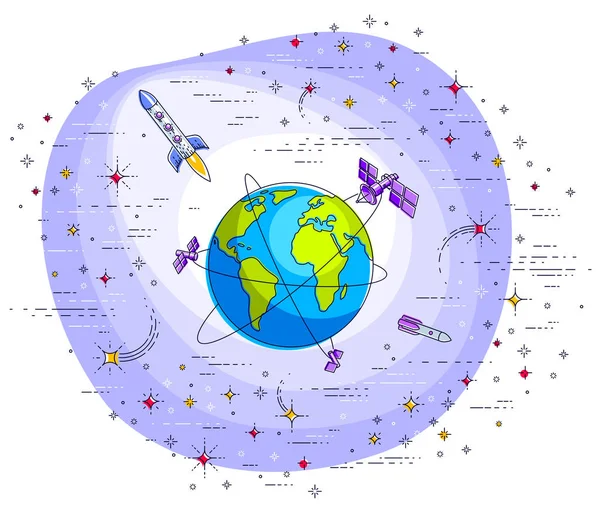 地球の人工衛星に囲まれたスペースではロケットし 星します グローバル コミュニケーション技術のテーマ 細い線 ベクトル図白で隔離 — ストックベクタ