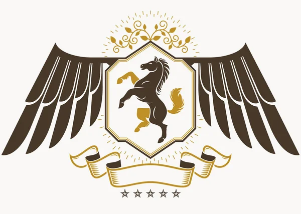 Heraldiska Vapen Retrodesign Dekorativa Emblem Med Vingar Femsidig Stjärnor Och — Stock vektor