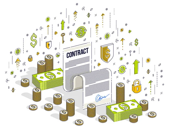 Financieel Contract Concept Papieren Juridisch Document Cash Geld Stapels Geïsoleerd — Stockvector