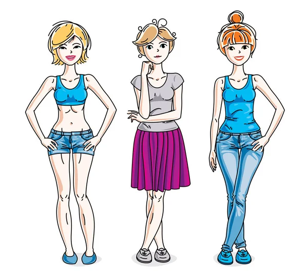 Feliz Bonito Grupo Mulheres Jovens Vestindo Roupas Casuais Moda Conjunto —  Vetores de Stock