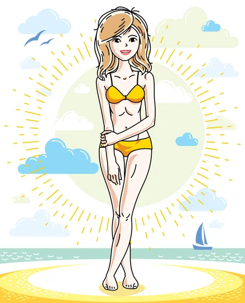 Happy Young Blonde Woman Posing Tropical Beach Wearing Swimsuit Vector — Stock Vector