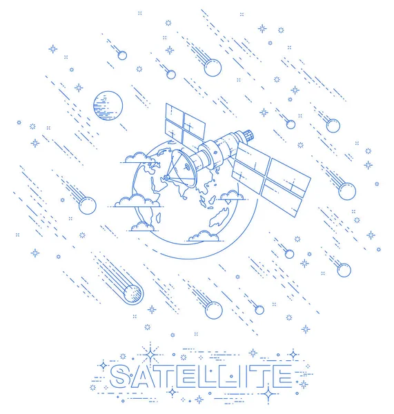 Satellittflygninger Bane Rundt Jorden Romstasjon Kommunikasjonsteknologi Med Solcellepaneler Satellittantennespor Med – stockvektor