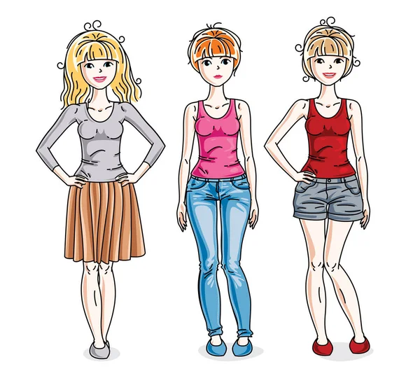 Atractivas Chicas Jóvenes Adultas Pie Ropa Casual Con Estilo Vector — Archivo Imágenes Vectoriales