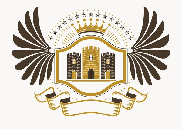 Vintage Emblema Vectorial Heráldico Decorativo Compuesto Por Torre Medieval Corona — Vector de stock