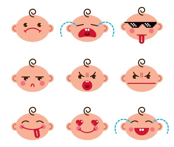 Cute Baby Cartoon Vector Flat Icons Set Emoji Smiley Collection — Stock Vector