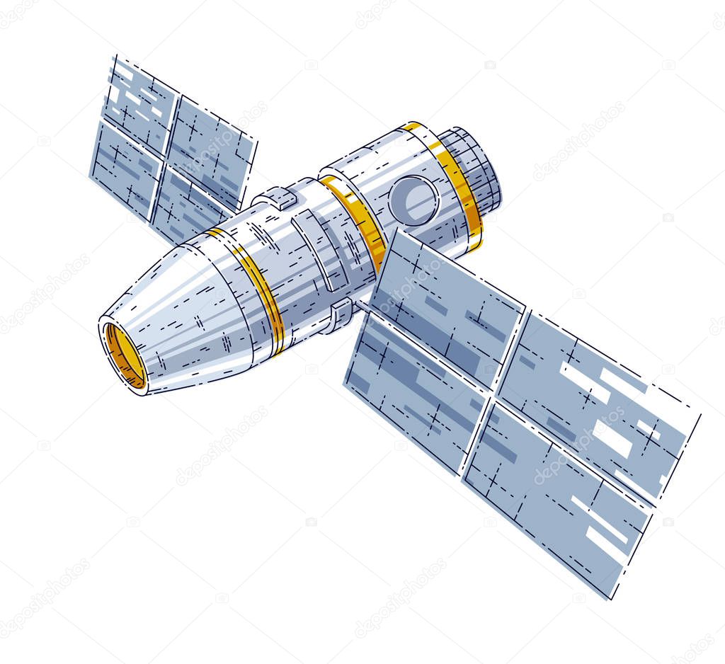 Space station iss floating in weightlessness in open space, spacecraft artificial satellite, science and technology. Thin line 3d vector illustration isolated on white background.