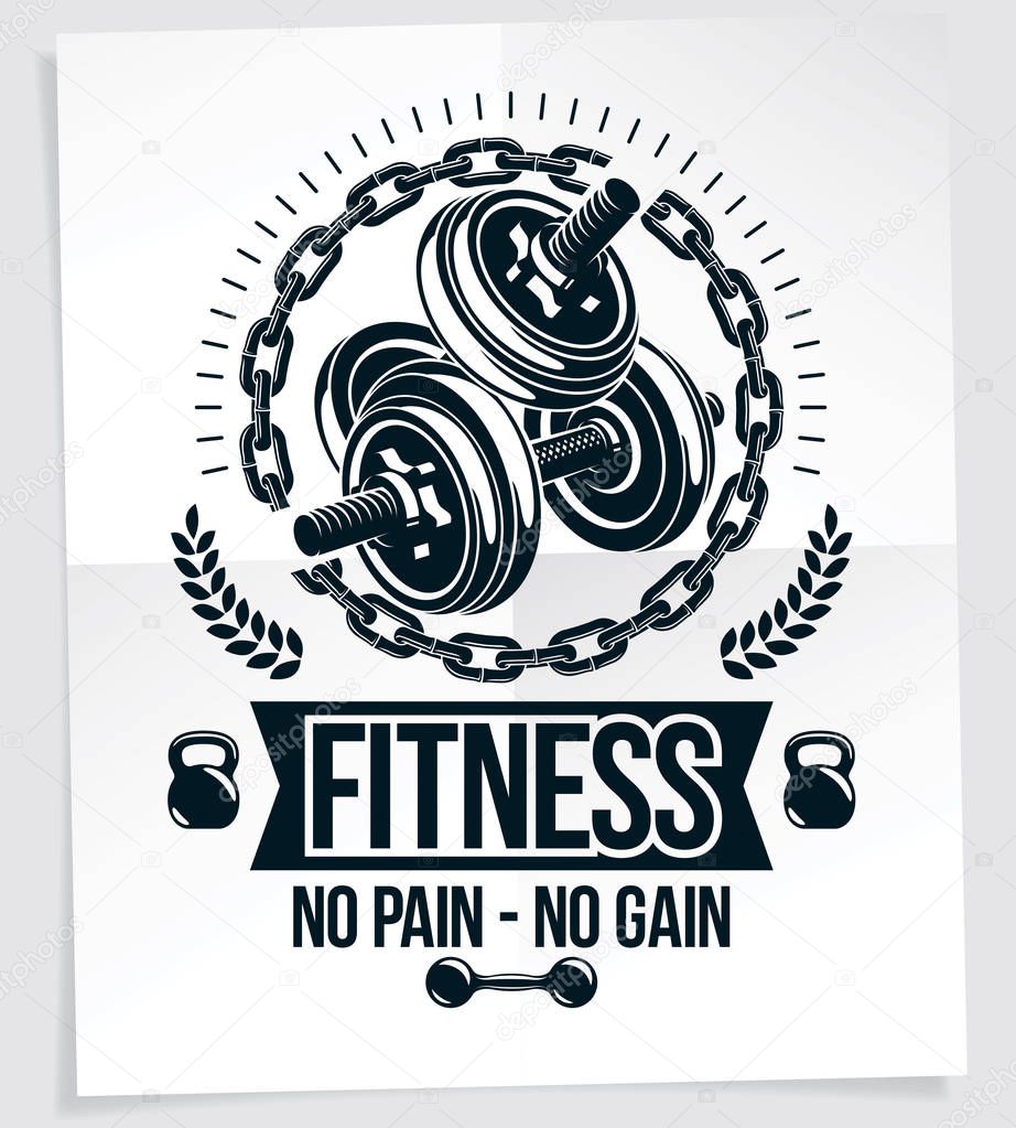Fitness club vector advertising poster composed using disc weight dumb-bell and kettle bell sport equipment. No pain no gain writing.