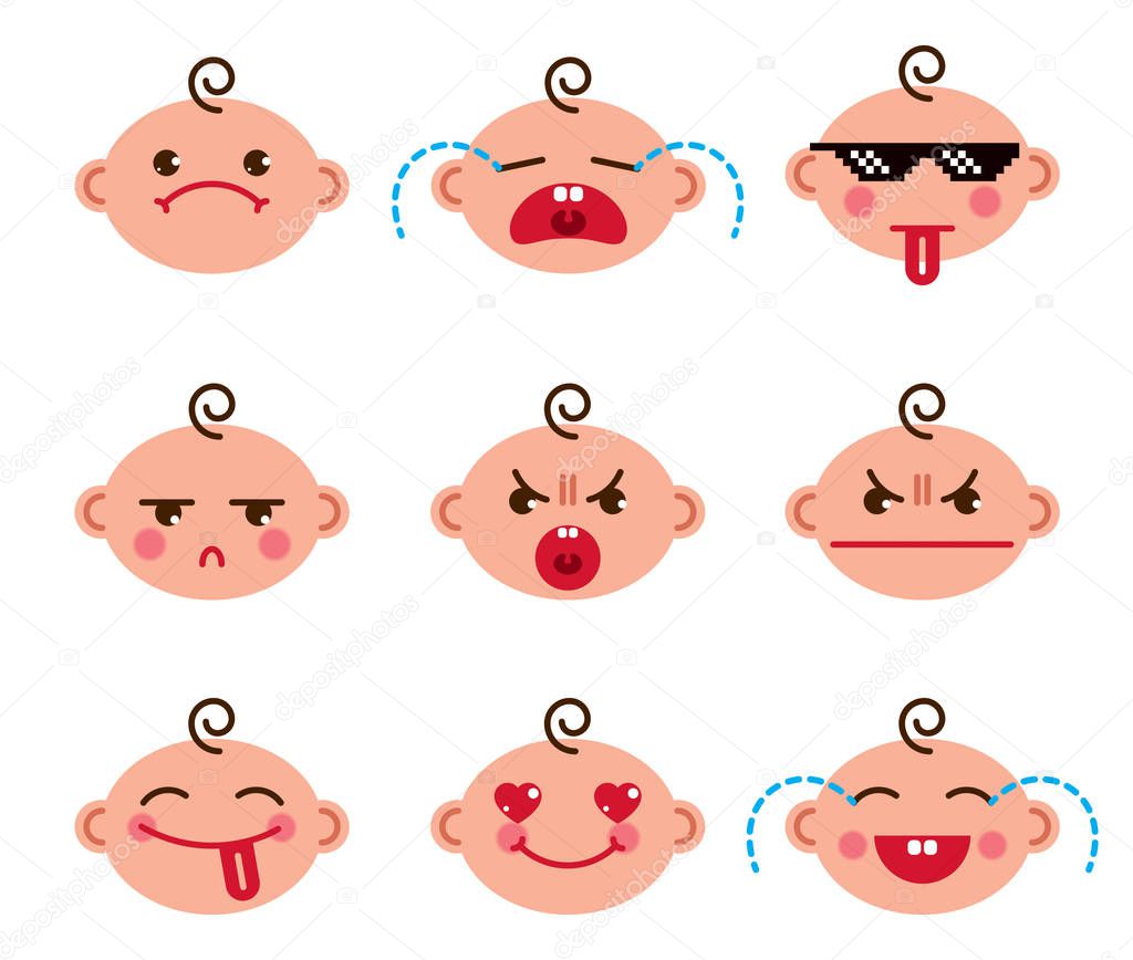 Cute baby cartoon vector flat icons set of emoji smiley collection, adorable, happy, smiling, laughing, showing tongue, cool pixel glasses, showing tongue, crying, sad and angry.
