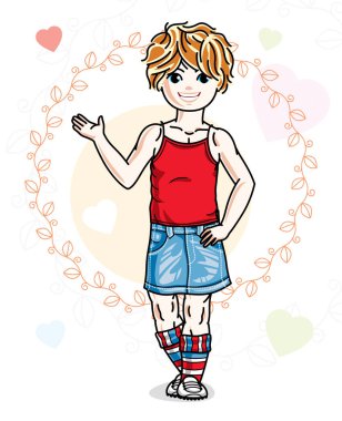 Güzel mutlu küçük Kızıl saçlı kız renkli zemin romantik kalpleri ile poz şık rahat kıyafetler içinde. Çekici çocuk vektör çizim.