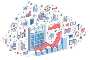 Hesap makinesi ile izole beyaz zemin üzerine, kar kavramı kazanç büyüme grafiği. 3D vektör iş izometrik çizim 