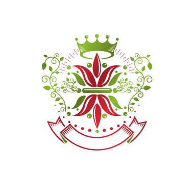 Retro vintage Insignia lily çiçek ve Imperial crown ile yaratılmıştır. Vektör ürün kalite fikir tasarım öğesi, alev almış zambak.